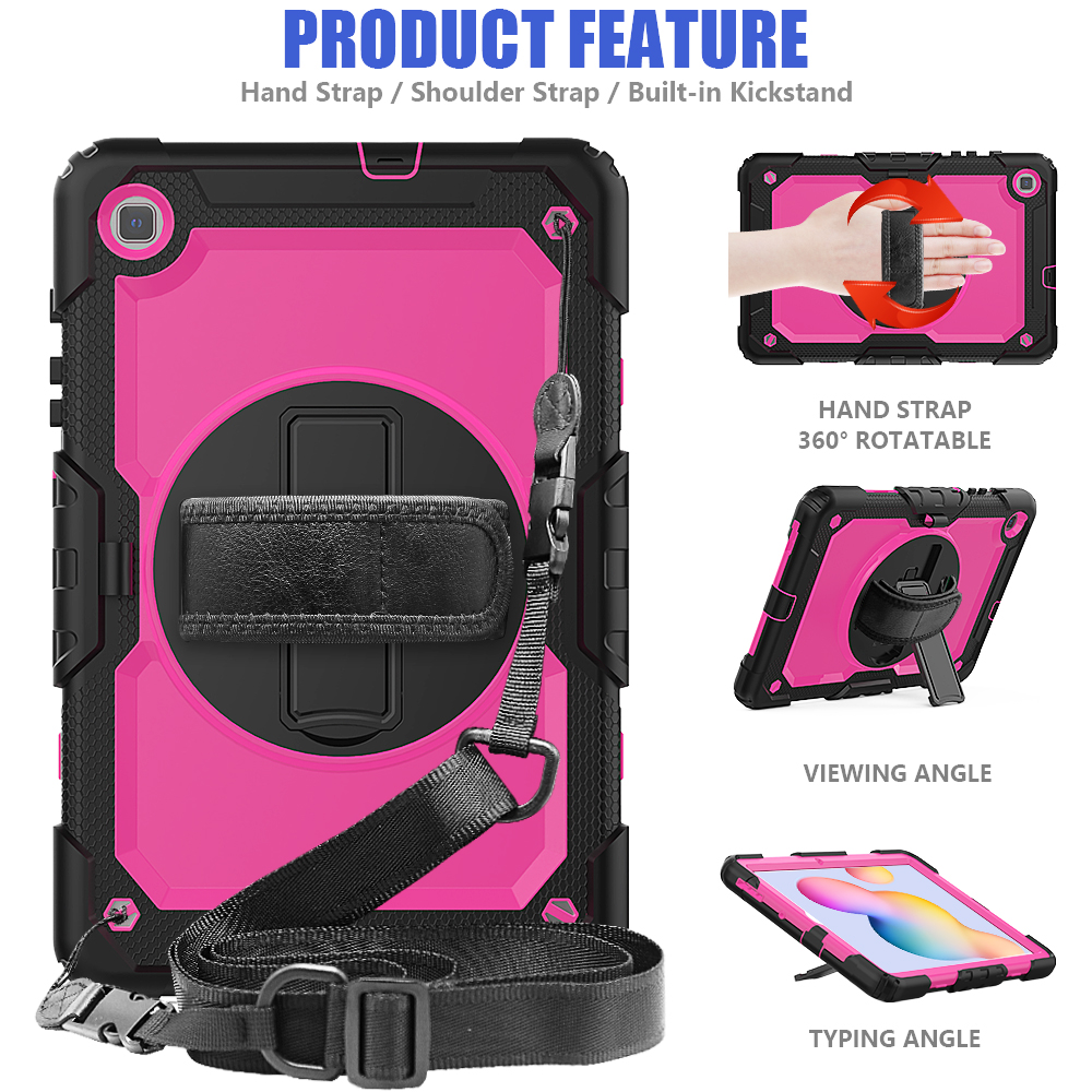 เคส Samsung Galaxy Tab S6 Lite 10.4 SM-P610 P615 P617 #เคสฝาหลังมีสายรัดสวมมือ มีสายคล้องไหล่ 3 Layer Silicon Plastic Stand cover with strap