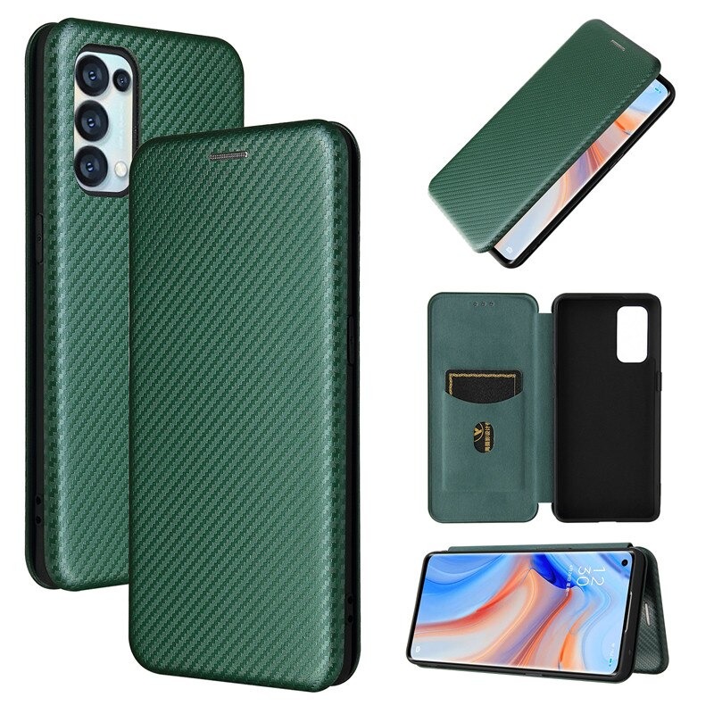 Case OPPO Reno 5 Pro 5G #เคสฝาพับลายคาร์บอนไฟเบอร์มีช่องใส่การ์ด Carbon Fiber Wallet Card Slot Magnet Stand Phone Cover