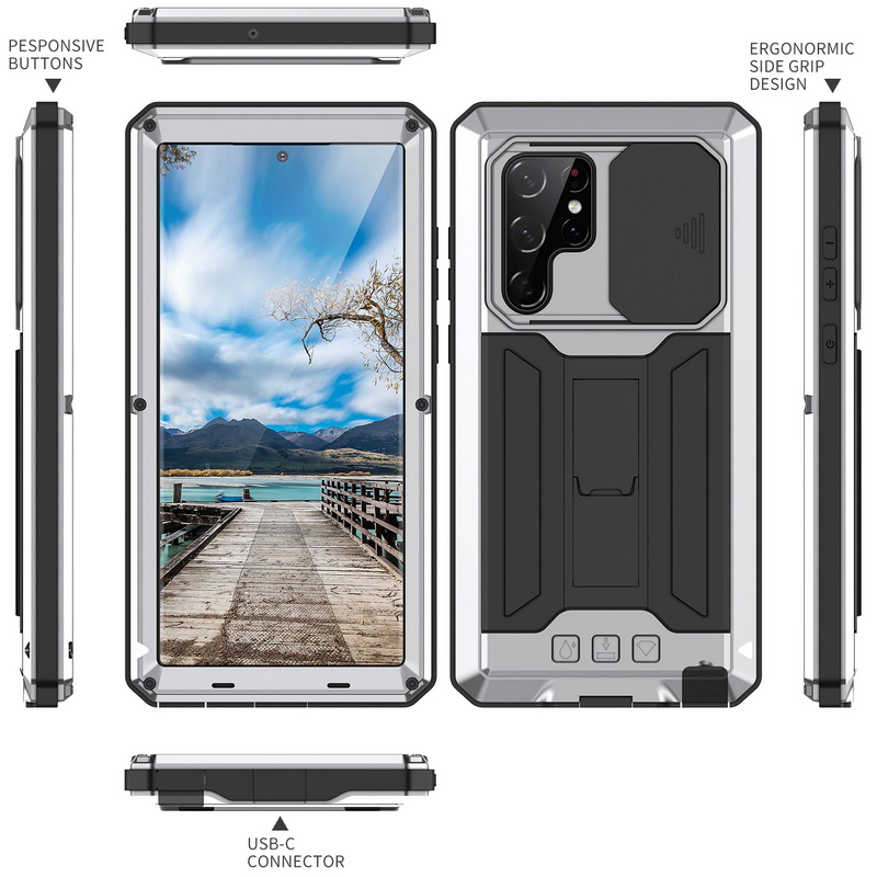 เคส Samsung Galaxy S22+ 5G#เคสกันกระแทก ป้องกันเต็มรูปแบบมีขาตั้งพับได้ โลหะ + ซิลิโคน + PC