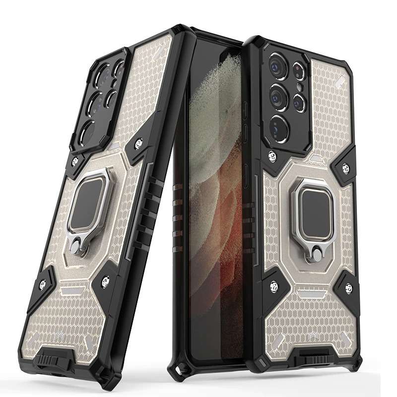 เคส Samsung Galaxy S22 Ultra 5G #เคสฝาหลังกันกระแทกมีแหวนสวมนิ้ว Hybrid Hard PC Soft TPU Bumper Protective Case with 360 Rotation Kickstand