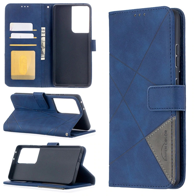 เคส Samsung Galaxy S21 Ultra #เคสฝาพับหนัง PU มีช่องเสียบ ID บัตรอื่นๆในตัว Geometric Pattern Leather Card Holder Protective