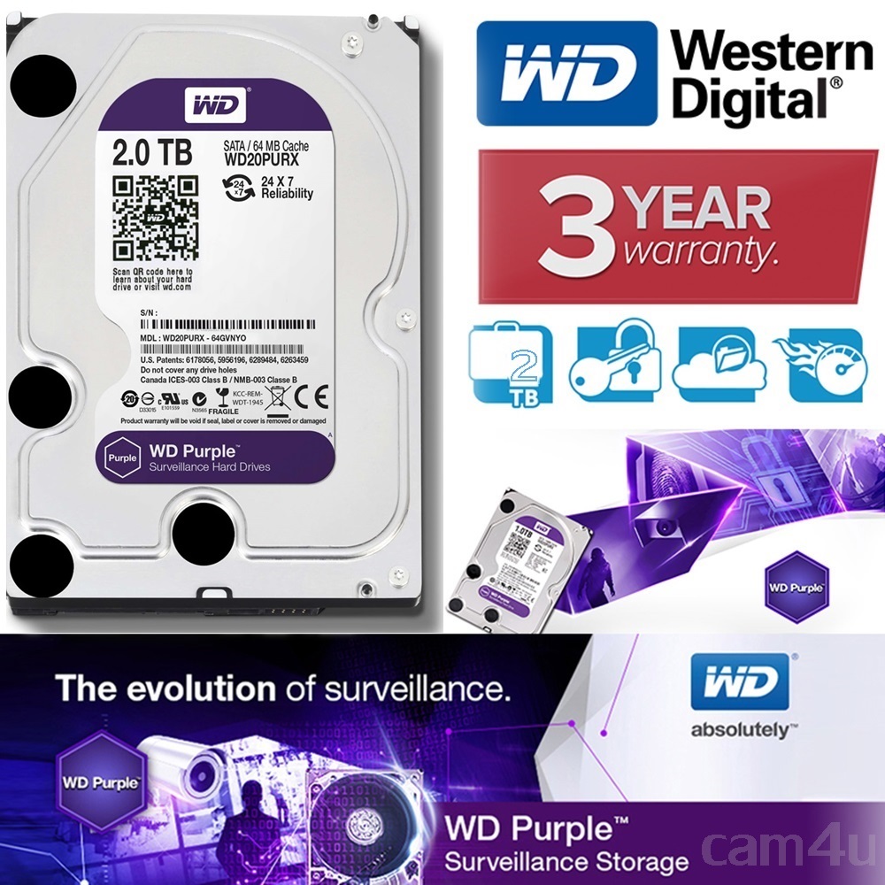 WD Purple 2.0TB for CCTV - WD20PURX (สีม่วง) รับประกัน 3 ปี เทา
