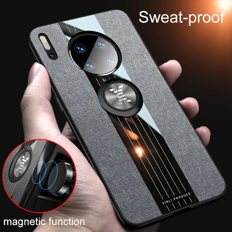 Case Huawei Mate 30 Pro #เคสฝาหลังเคลือบผ้าเนื้อมีแหวนสวมนิ้ว TPU ไฮบริด+อะคริลิ + แหวนโลหะ