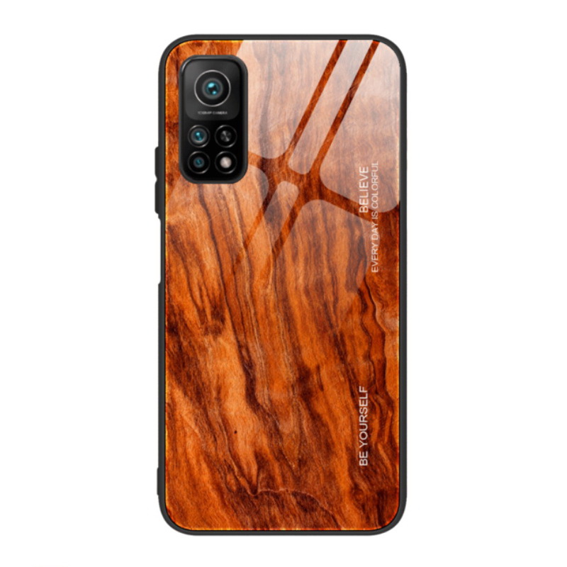 เคส Xiaomi Mi 10T Pro #เคสฝาหลังกระจกลายผิวไม้ Case Hard Tempered glass Wood grain protect Back Cover