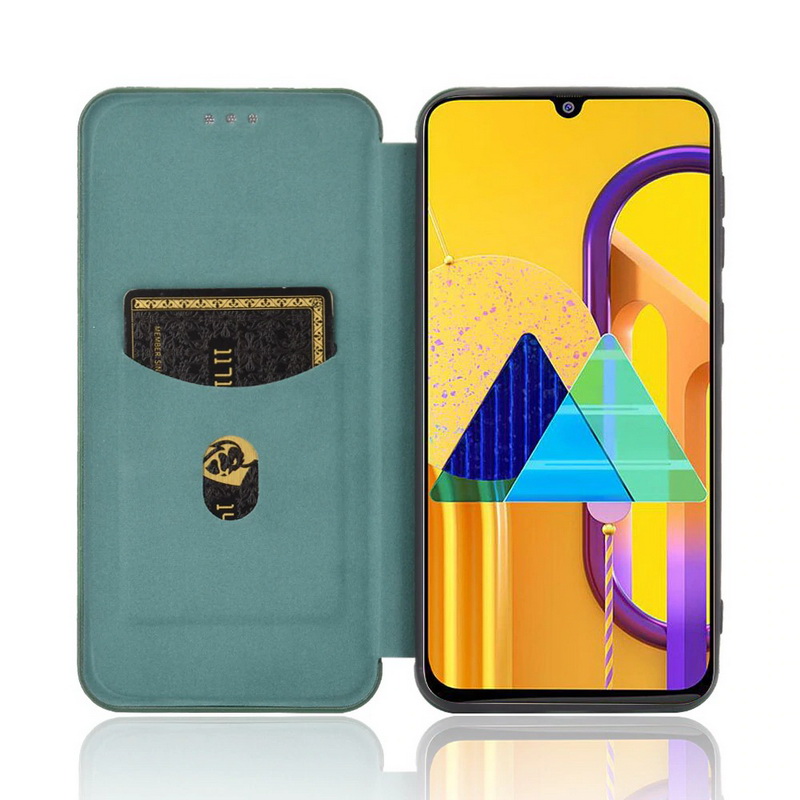 เคส Samsung Galaxy M21 #เคสฝาพับลายคาร์บอนไฟเบอร์มีช่องใส่การ์ด Carbon Fiber Wallet Card Slot Magnet Stand Phone Cover