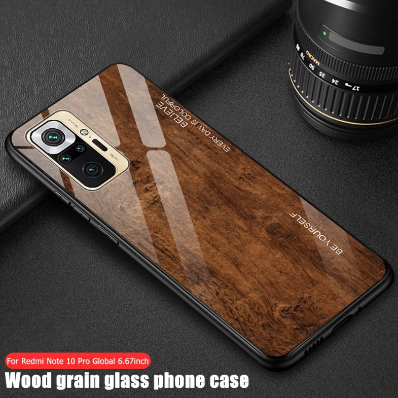 เคส Redmi Note 10 4G #เคสฝาหลังกระจกลายผิวไม้ Case Hard Tempered glass Wood grain protect Back Cover