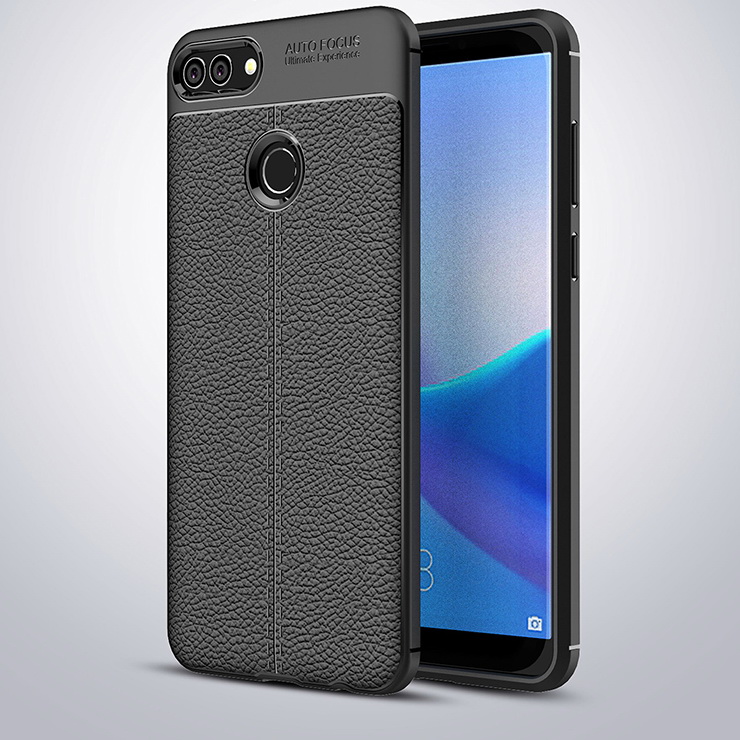 Case Huawei Y9 (2018) #เคสฝาหลัง TPU นิ่มลายหนัง PU ผิวลิ้นจี่ช่วยป้องกันลายนิ้วมือและกันลื่น - สีดำ พร้อมส่ง