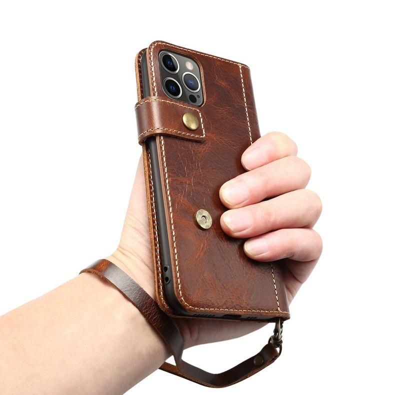 Case iPhone 14 Pro Max #เคสฝาพับหนังแท้พร้อมสายคล้อง Genuine Wallet Leather Phone Cover with Lanyard