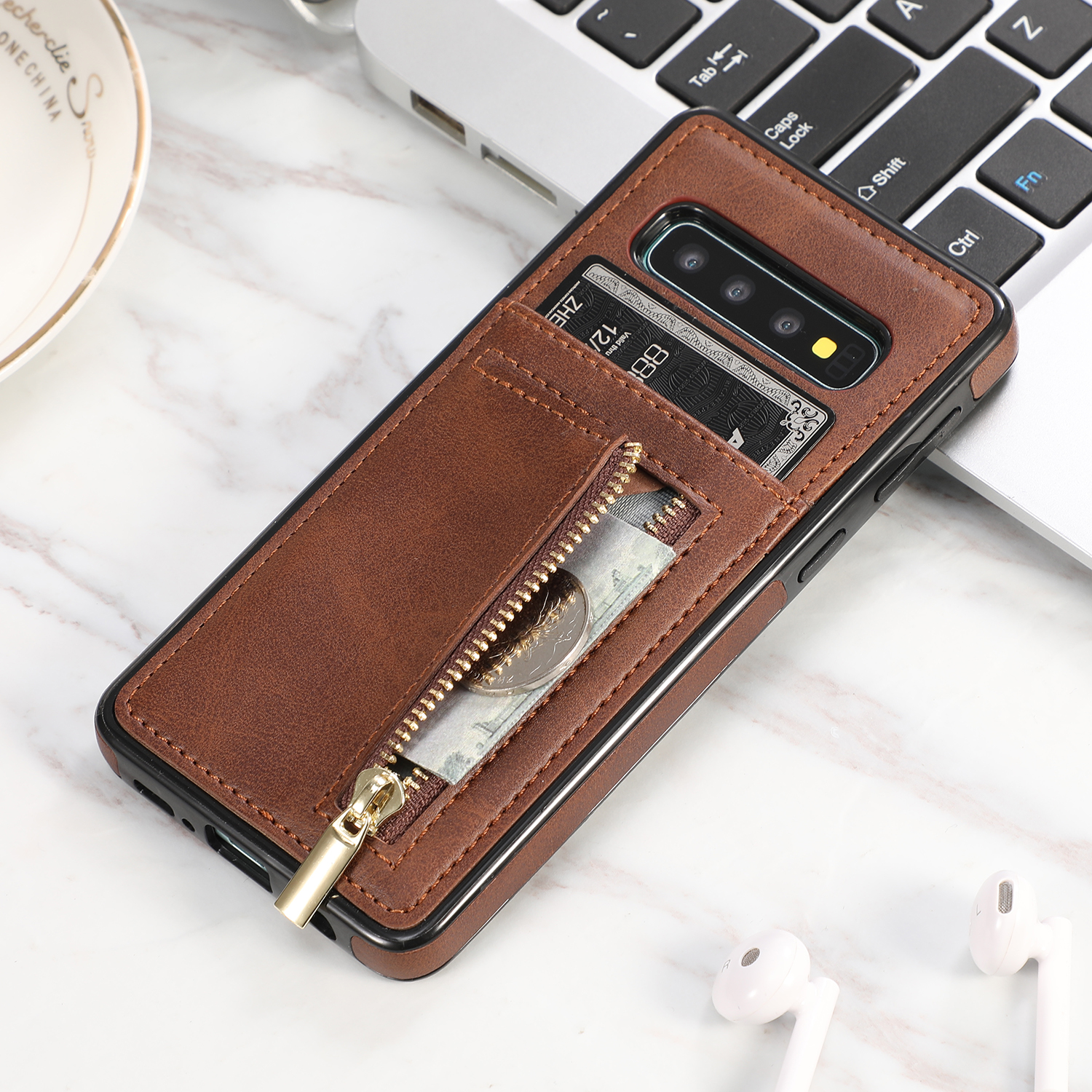 Case Samsung Galaxy S10 #เคสฝาหลังมีช่องใส่บัตรและช่องซิปหนัง PU + เคส TPU