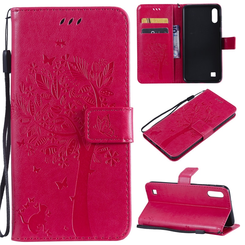 Case Samsung Galaxy A10 #เคสฝาพับหนัง PU พิมพ์ลาย Imprint Cat and Tree Pattern Leather Protection Cover