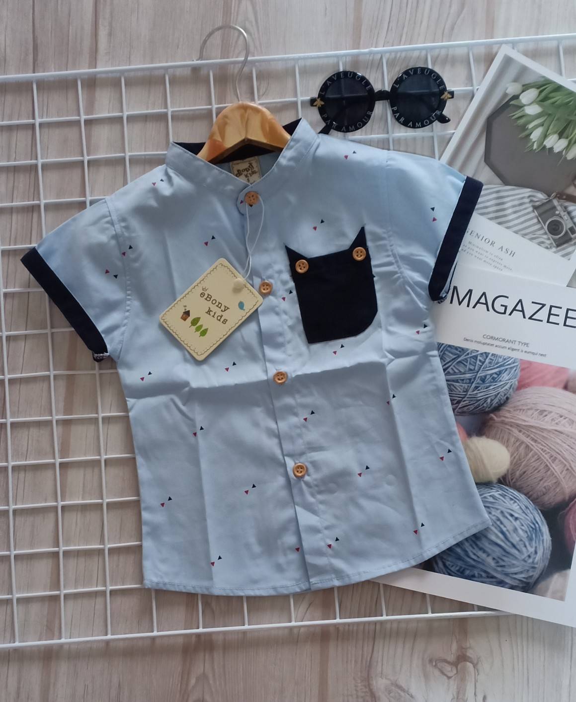 เสื้อเด็ก เชิ้ตคอจีนกระเป๋าแมว