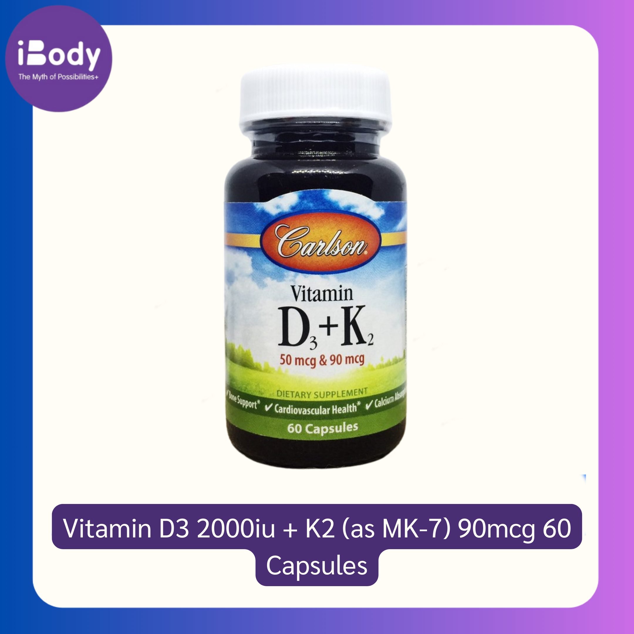 Vitamin D3 2000iu + K2 (as MK-7) 90mcg* 60 Capsules (Carlson®) บำรุงระบบหัวใจและหลอดเลือด เสริมสร้างสุขภาพของกระดูก K-2