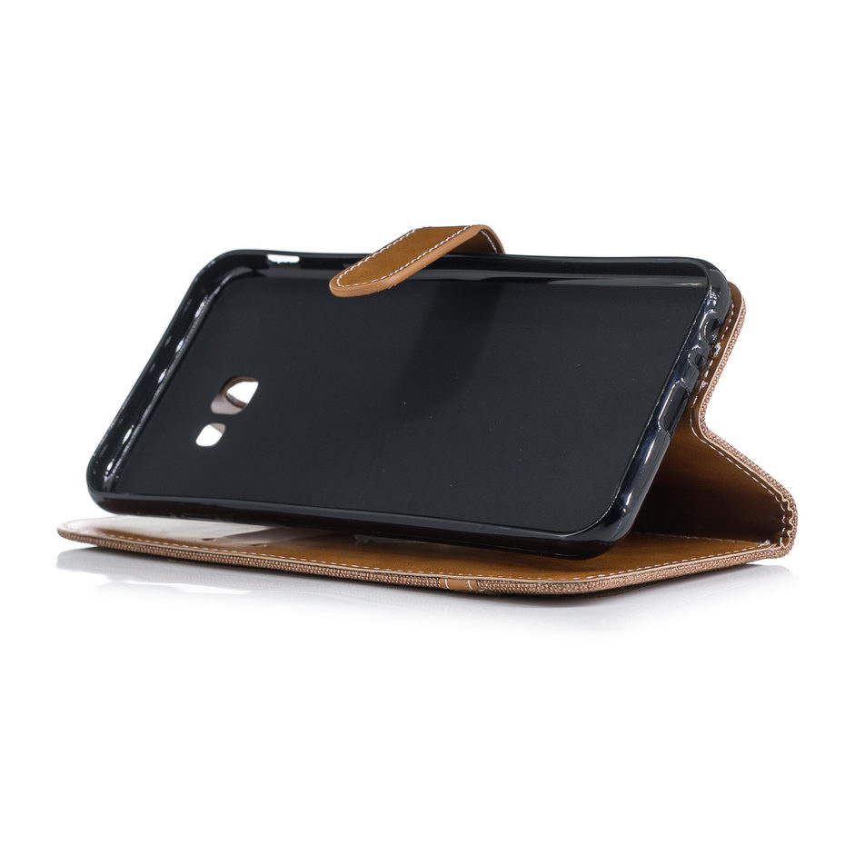 Case Samsung Galaxy J4+ #เคสฝาพับหนัง PU พร้อมสายคล้องมือ สีสันสดใส Splicing Jean Cloth PU Leather