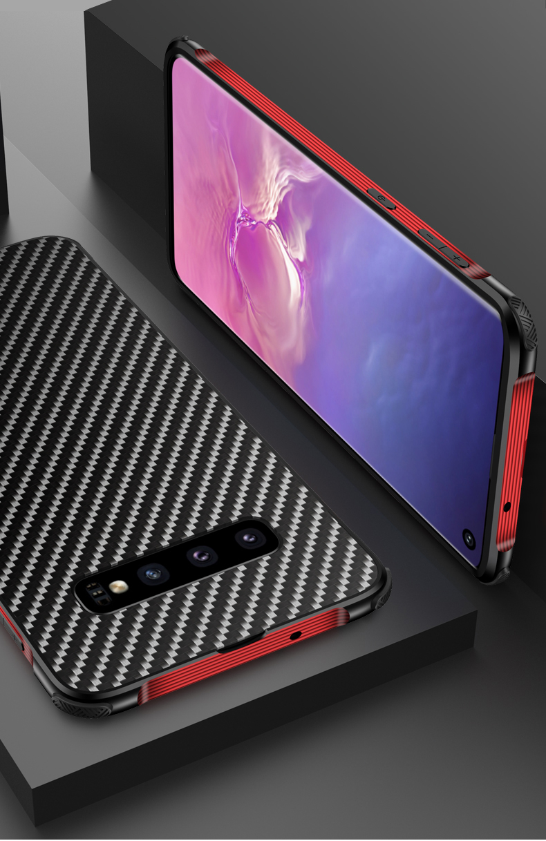 เคส Samsung Galaxy S10 ขอบกันชนอลูมิเนียมอัลลอยด์ชุบ + #เคสฝาหลังพลาสติกลายคาร์บอนไฟเบอร์ Electroplated Aluminum Alloy Bumper + Carbon Fiber PC Back Panel Slide-on