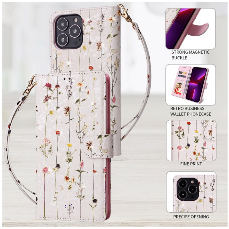 เคส iPhone 14#เคสฝาพับหนัง PU ลายดอกไม้สวยๆ มีช่องใส่บัตร