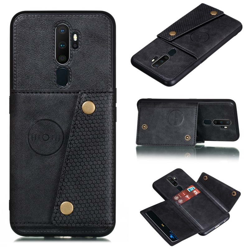Case OPPO A9 (2020) / A5 (2020) #เคสฝาหลัง TPU เคลือบหนัง PU มีที่เก็บบัตร PU Leather Coated TPU Card Holder Magnetic Kickstand