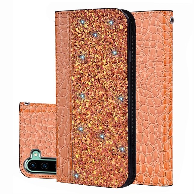 Case Samsung Galaxy Note 10 #เคสฝาพับหนัง PU ลายหนังจระเข้ Crocquile Texture Glittery Sequins Splicing มีช่องใส่การ์ด