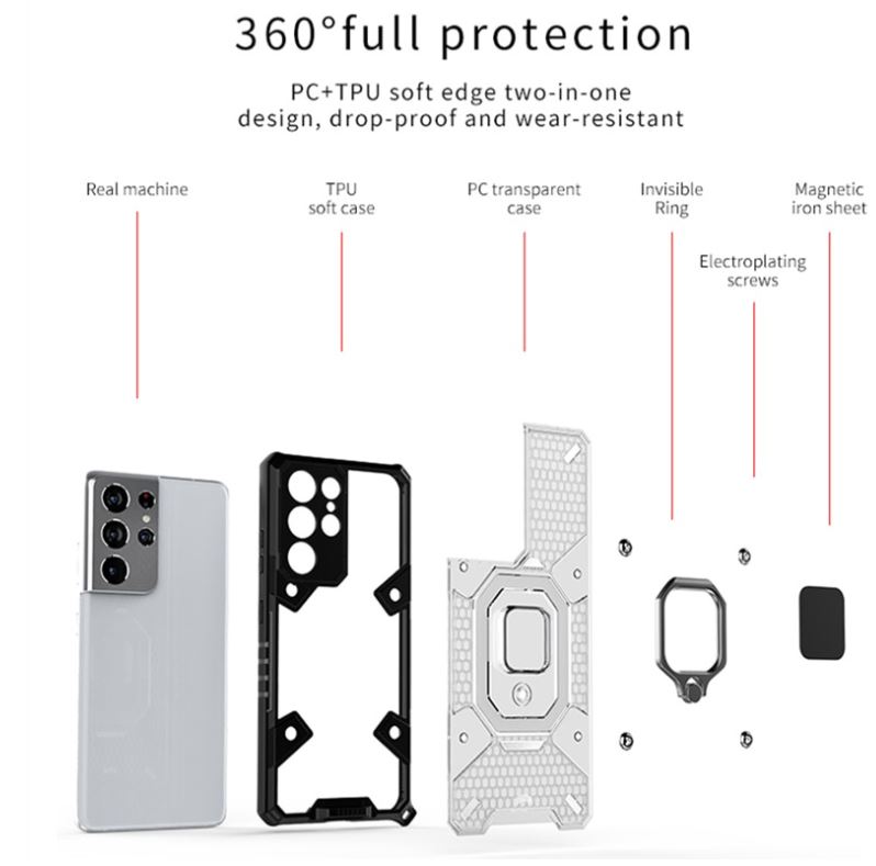 เคส Samsung Galaxy S21 Ultra #เคสฝาหลังกันกระแทกมีแหวนสวมนิ้ว Hybrid Hard PC Soft TPU Bumper Protective Case with 360 Rotation Kickstand