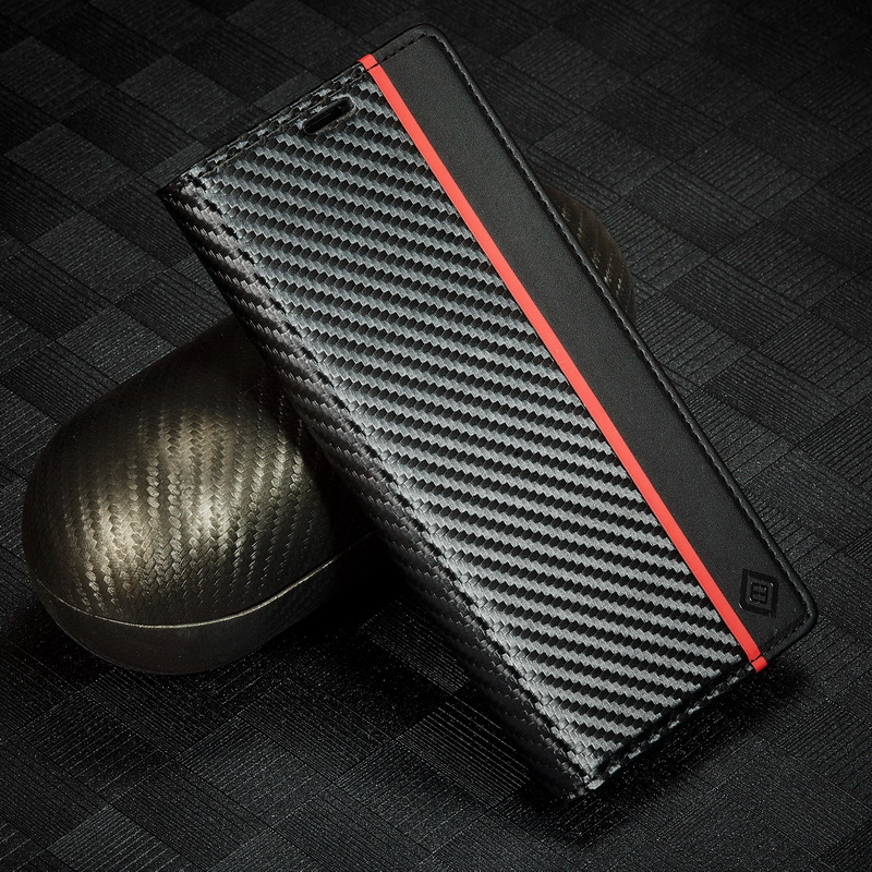 เคส Samsung Galaxy S23 Ultra 5G#เคสฝาพับลายคาร์บอนไฟเบอร์สีดำคาดแดงมีช่องใส่การ์ด Carbon Fiber Wallet Card Slot Magnet Stand Phone Cover