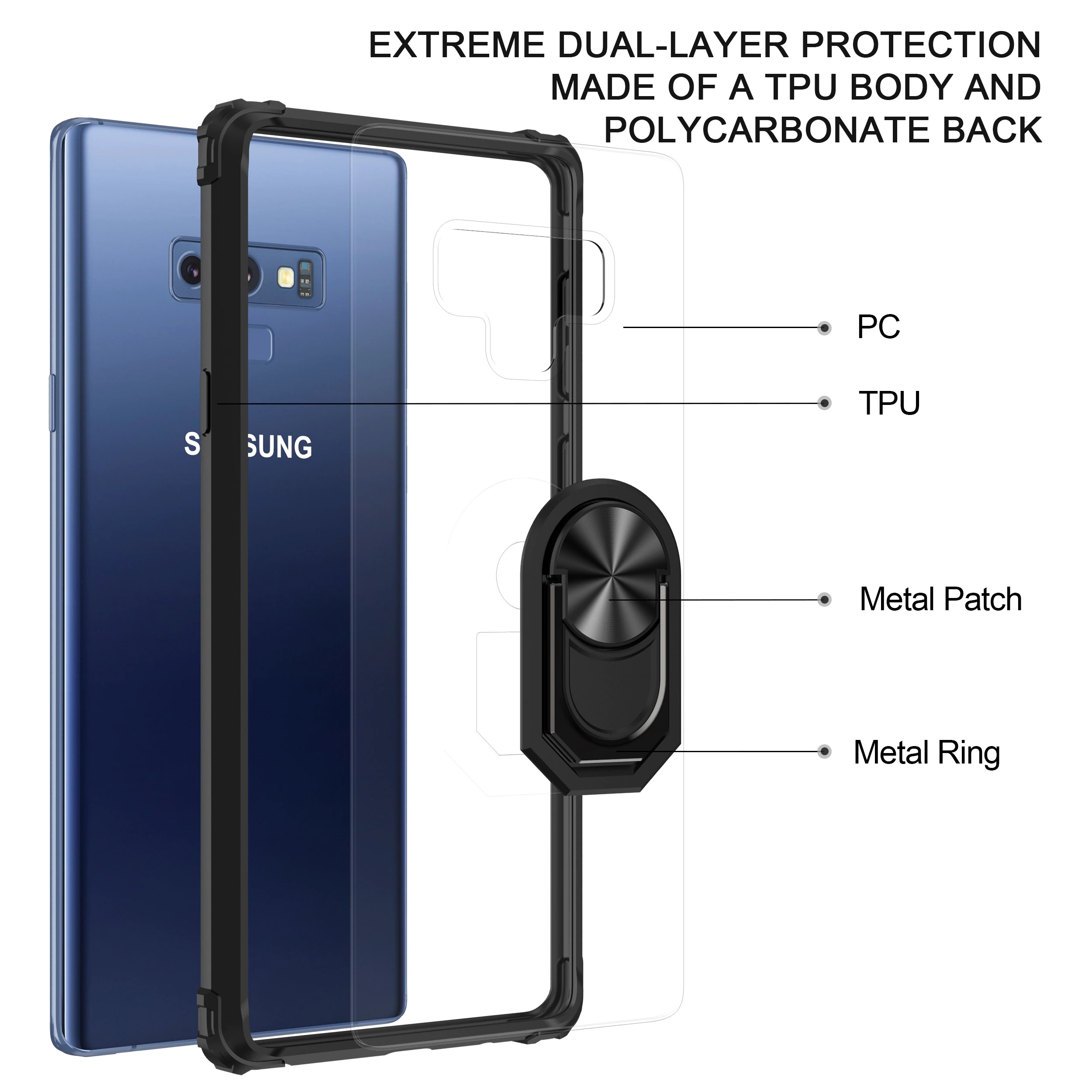 Case Samsung Galaxy Note 9 #เคสฝาหลังใสขอบทึบ +TPU Hybrid Case มีแหวนสวมนิ้วโลหะ