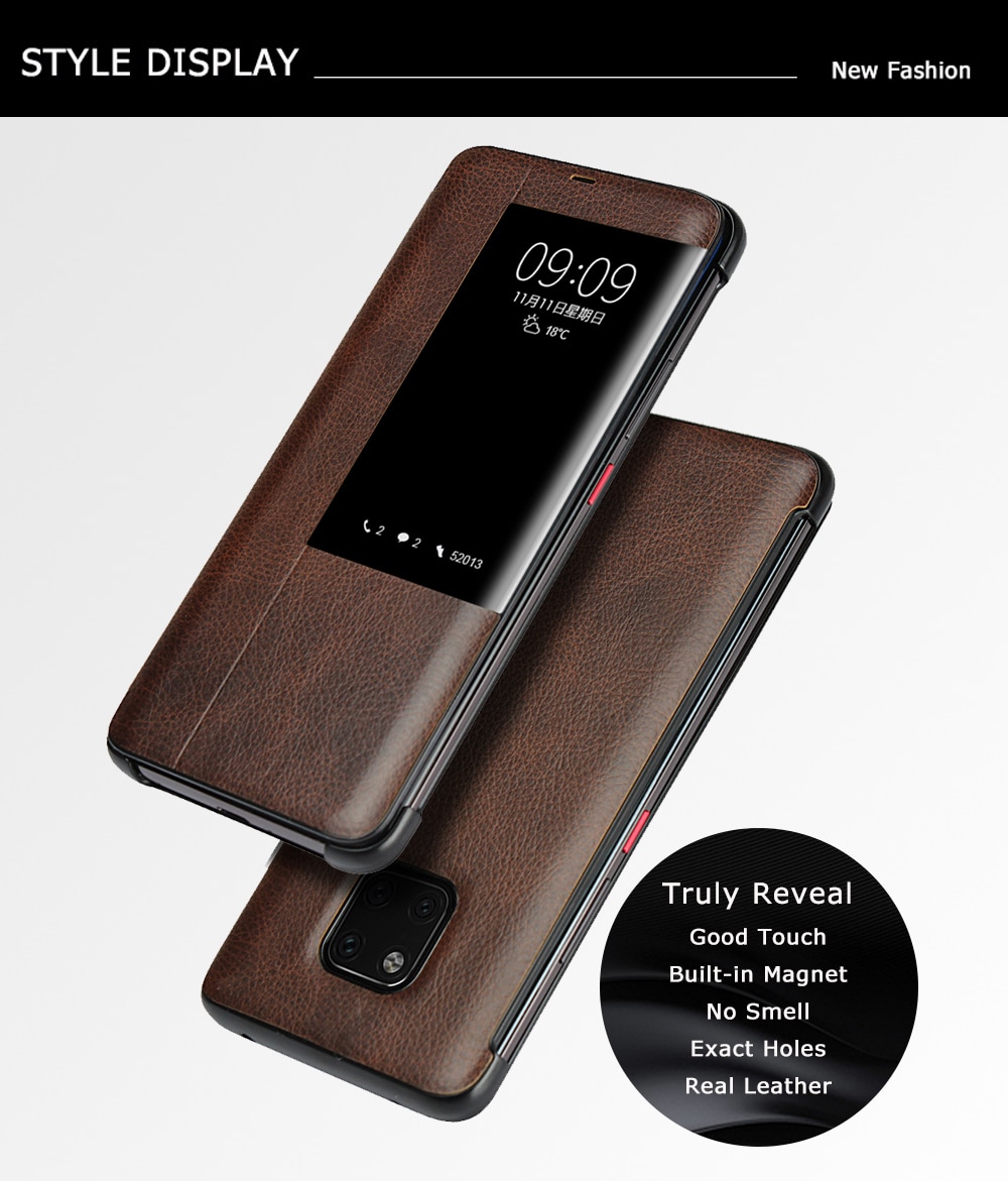 Case Huawei Mate 20 Pro #เคสฝาพับมีช่องวิวผิวลิ้นจี่ View Window Litchi Skin Genuine Leather Flip Cover