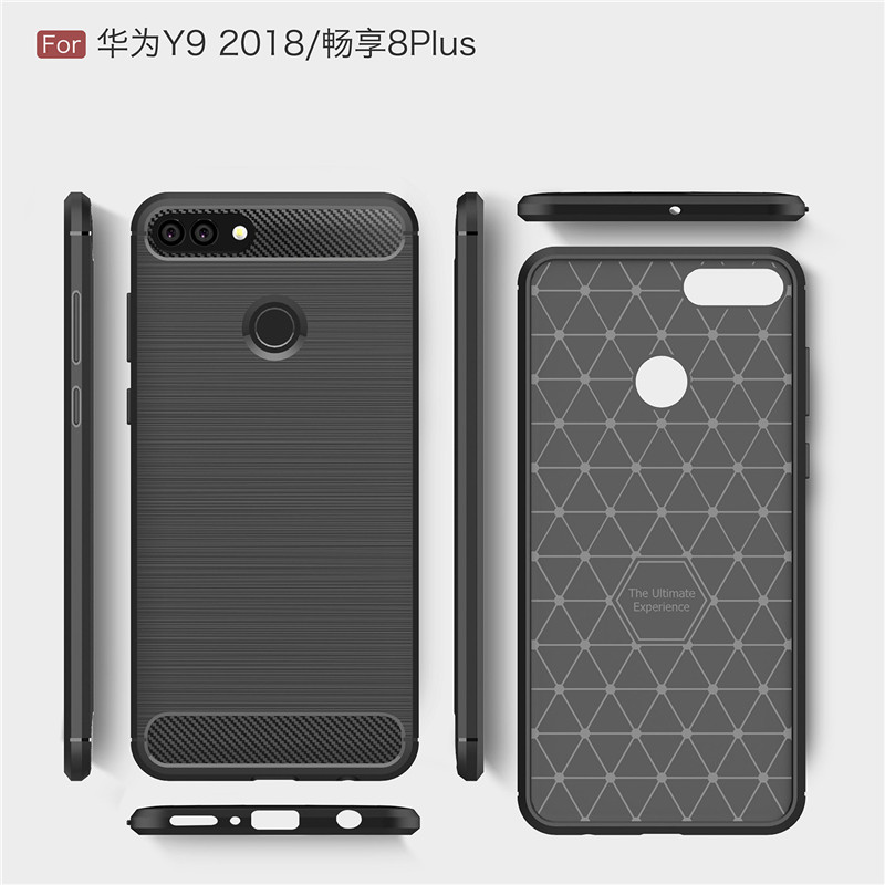 เคส Huawei Y9 (2018) #เคสฝาหลังตกแต่งคาร์บอนไฟเบอร์ ผิวขัดแปรง Brushered TPU Back Case