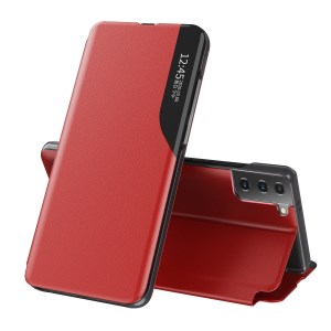 เคส Samsung Galaxy S21 FE 5G #เคสฝาพับเคลือบผิวหนัง PU มีช่องวิวด้านข้างพับวางตั้งได้ Smart Flip kickstand leather Cover