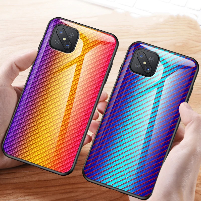 เคส OPPO Reno 4Z 5G #เคสฝาหลัง Gradient Color ลายคาร์บอนไฟเบอร์ Carbon fiber texture Glass Hybrid Soft Silicone Cover