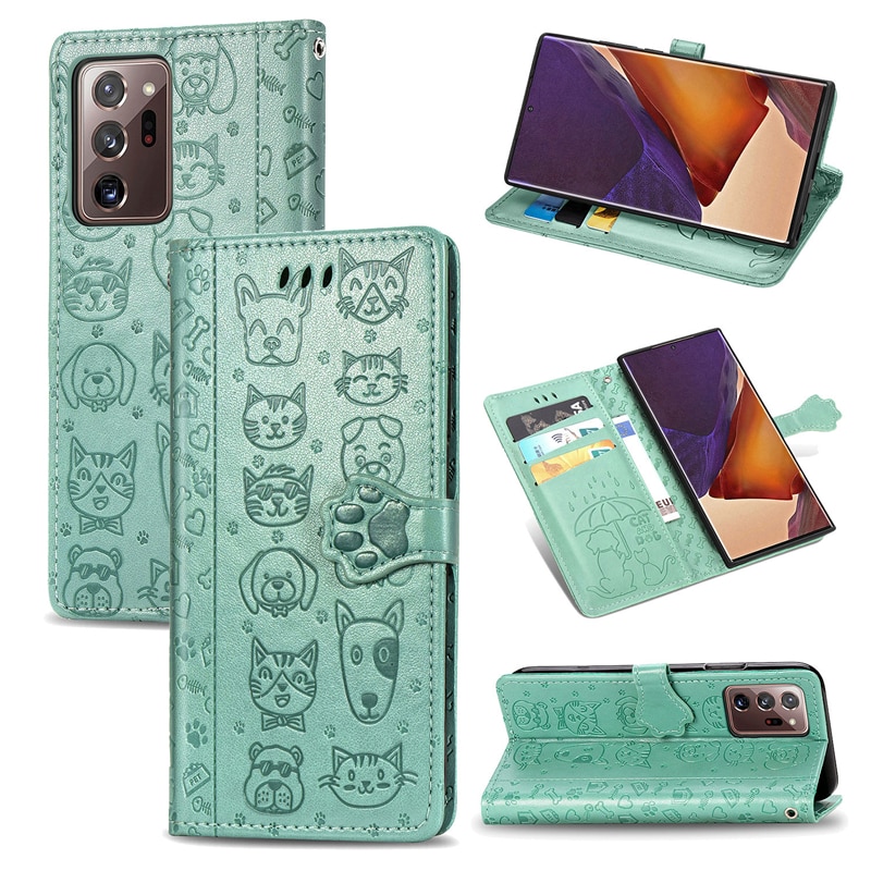 เคส Samsung Galaxy Note 20 / Note 20 5G#เคสฝาพับลายการ์ตูนย์แถบปิดแม่เหล็กพับตั้งได้ Cat And Dog Pattern Card Slot Wallet Phone Case
