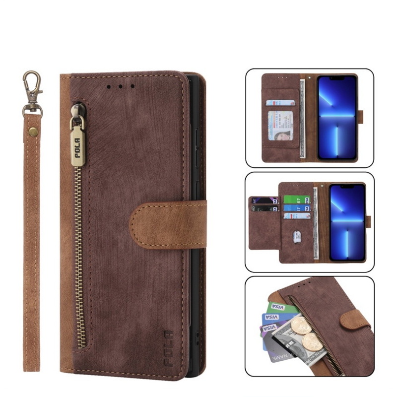 เคส iPhone 11 Pro Max#เคสฝาพับหนัง PU 2 สี มีช่องใส่บัตร ช่องซิป ปิดแม่เหล็ก Zipper Pocket Stand Flip Cover with Strap