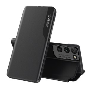 เคส Samsung Galaxy S21 Ultra #เคสฝาพับเคลือบผิวหนัง PU มีช่องวิวด้านข้างพับวางตั้งได้ Smart Flip kickstand leather Cover