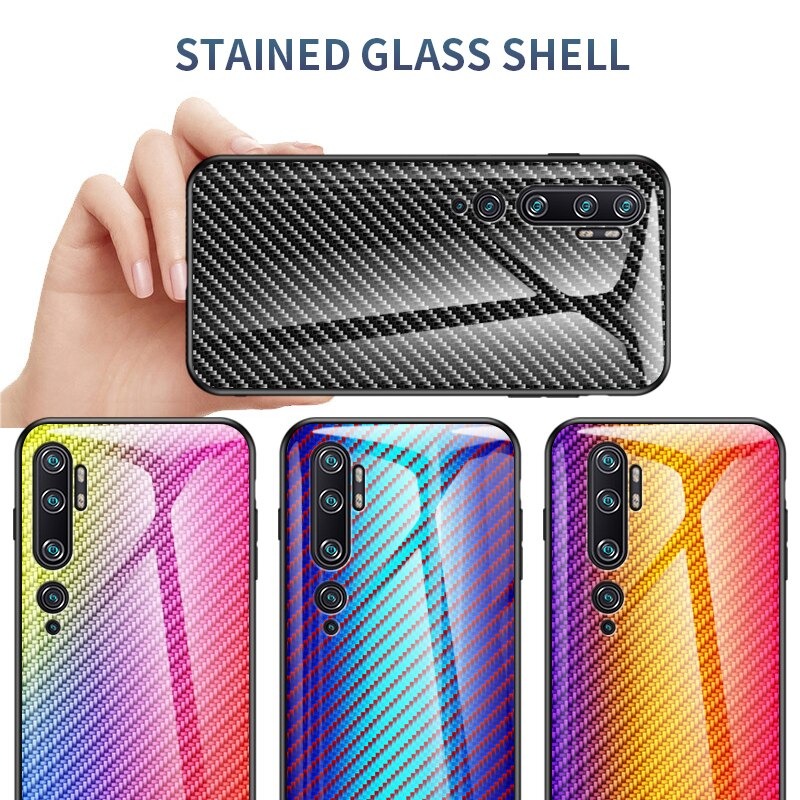 เคส Xiaomi Mi Note 10 Pro #เคสฝาหลัง Gradient Color ลายคาร์บอนไฟเบอร์ Carbon fiber texture Glass Hybrid Soft Silicone Cover