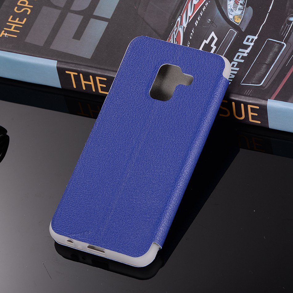 เคส Samsung Galaxy A8 + (2018) #เคสฝาพับผิวหนังลิ้นจี่พร้อมช่องเสียบการ์ดสีสันสวยงามสดใส