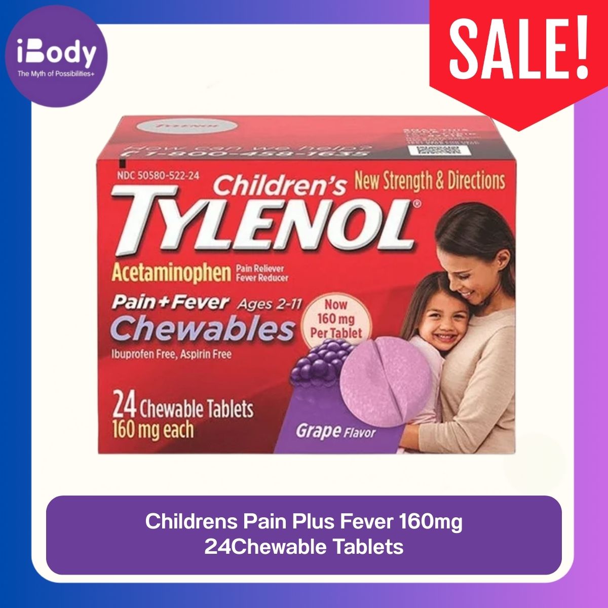 40% Sale!!! EXP.12/2025 Tylenol® Childrens Pain Plus Fever 160mg Grape Flaver, 24 Chewable Tablets ยาลดไข้สำหรับเด็กเม็ดเคี้ยว รสองุ่น