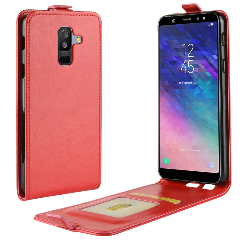 เคส Samsung Galaxy A6+ (2018) #เคสฝาพับหนัง PU ผิวหนังม้าแนวตั้ง Crazy Horse Vertical Leather สวยงามทันสมัย