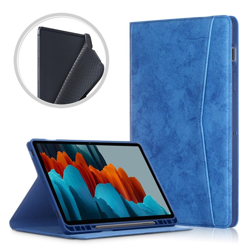 เคส Samsung Galaxy Tab S7 SM-T870 SM-T875 #เคสฝาพับหนัง PU ลายผิวผ้ามีช่องใส่ปากกา with Pencil Holder Stand Business Card Slot Cover