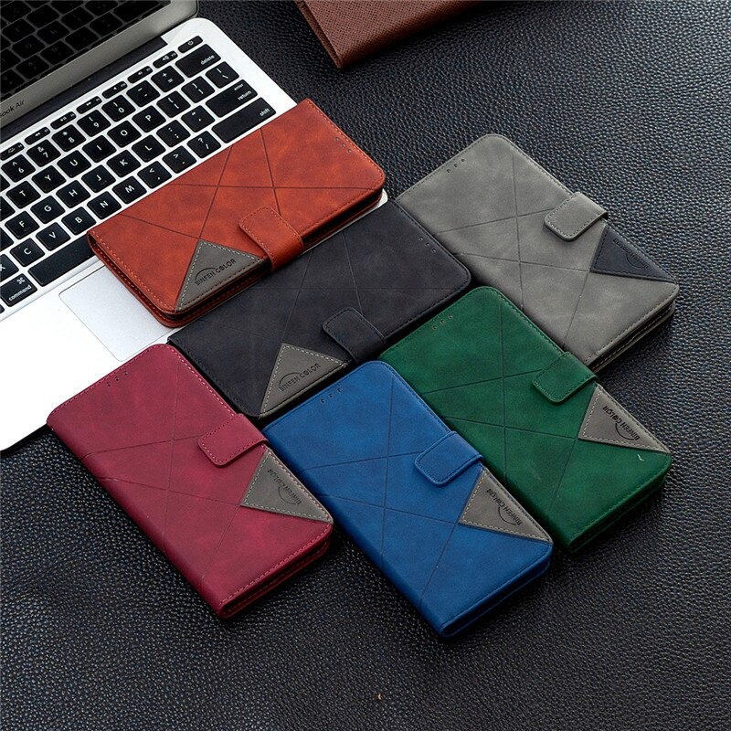 เคส Samsung Galaxy S21 Ultra #เคสฝาพับหนัง PU มีช่องเสียบ ID บัตรอื่นๆในตัว Geometric Pattern Leather Card Holder Protective