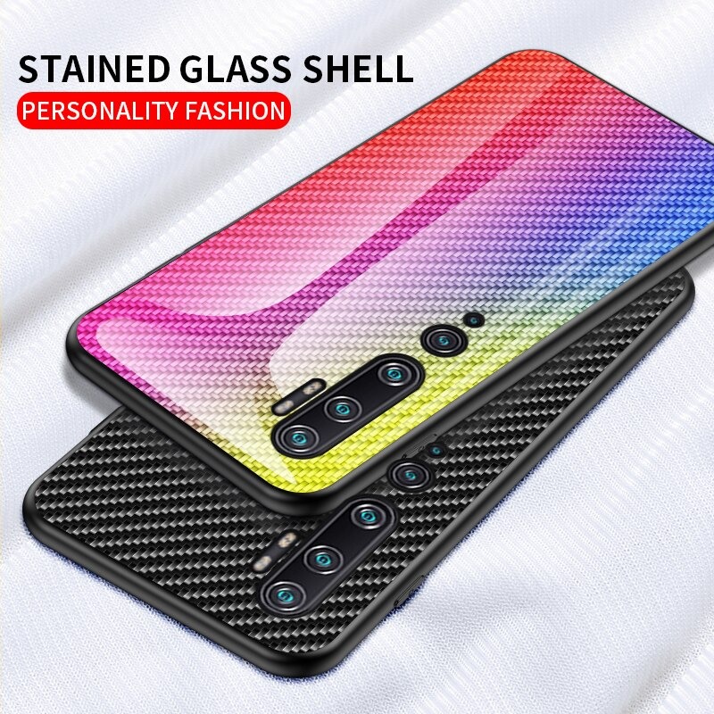 เคส Xiaomi Mi Note 10 Pro #เคสฝาหลัง Gradient Color ลายคาร์บอนไฟเบอร์ Carbon fiber texture Glass Hybrid Soft Silicone Cover
