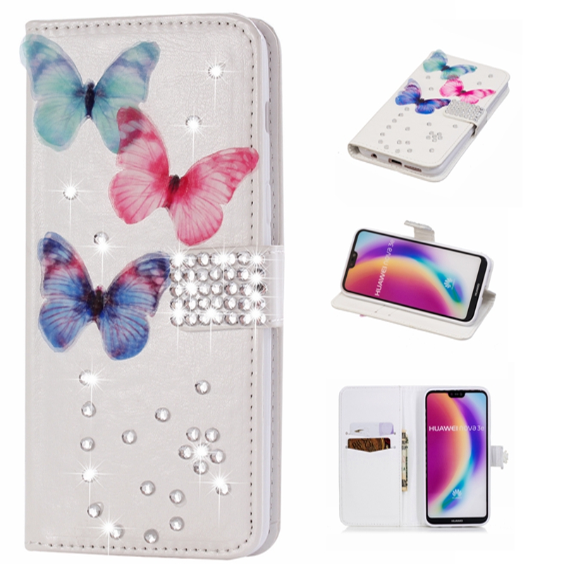 Case Huawei P20 Lite/Nova 3e #เคสฝาพับแบบกระเป๋าสตางค์หนัง PU ประดับตกแต่งด้วย Rhinestone and Pearl Decor Edges
