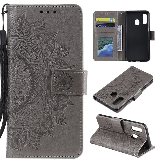 Case Samsung Galaxy A20s #เคสฝาพับหนัง PU ปั้มลาย Imprint Mandala Flower