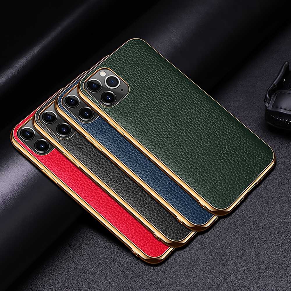 Case iPhone 13 Pro Max #เคสฝาหลังหนังแท้ผิวลิ้นจี่ขอบเงา Luxury genuine leather case with plated ed