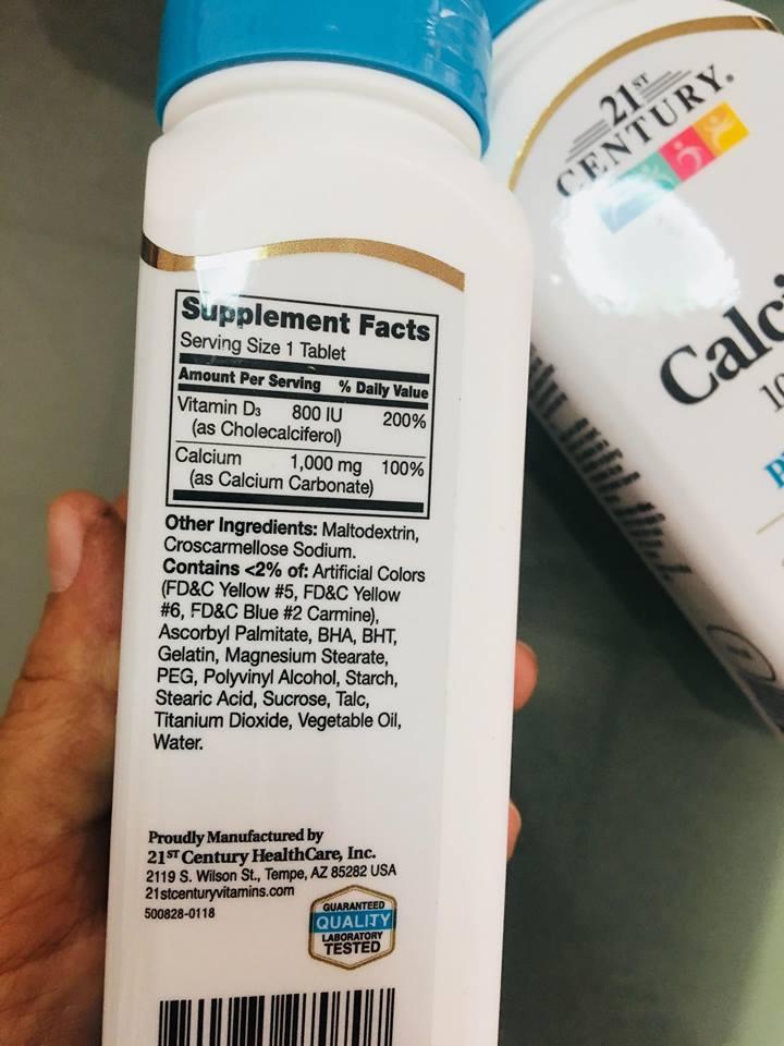 (21st Century®) Calcium 1000mg + D3:800iu 90 Tablets แคลเซี่ยม วิตามินดี 3