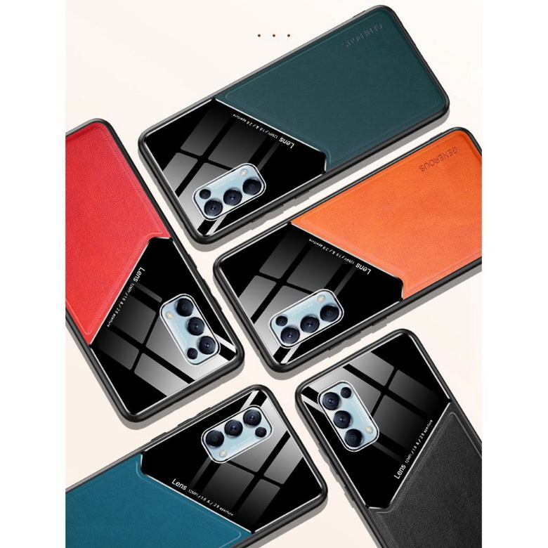 เคส OPPO Reno 5 Pro 5G#เคสฝาหลังไฮบริด PU +TPU + glass สีทูโทน Shockproof Leather Mirror Glass Silicone Phone Back Cover
