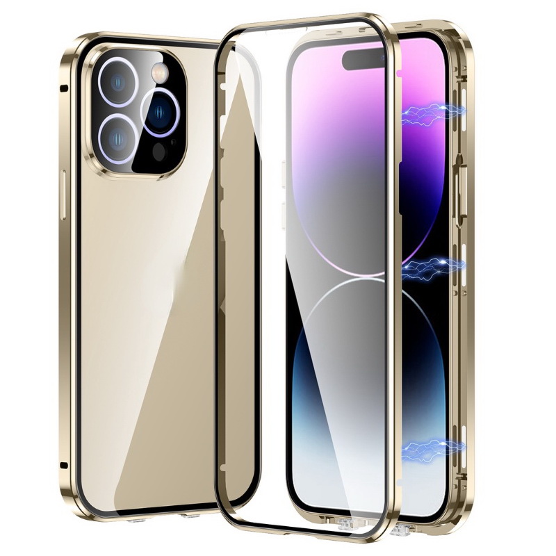 เคส iPhone 14#เคสกระจกขอบโลหะประกบแม่เหล็กหน้าหลังมีป้องกันเลนส์กล้อง Fully Protection Magnetic Adsorption Glass Metal Phone Protective Built-in Camera Protection