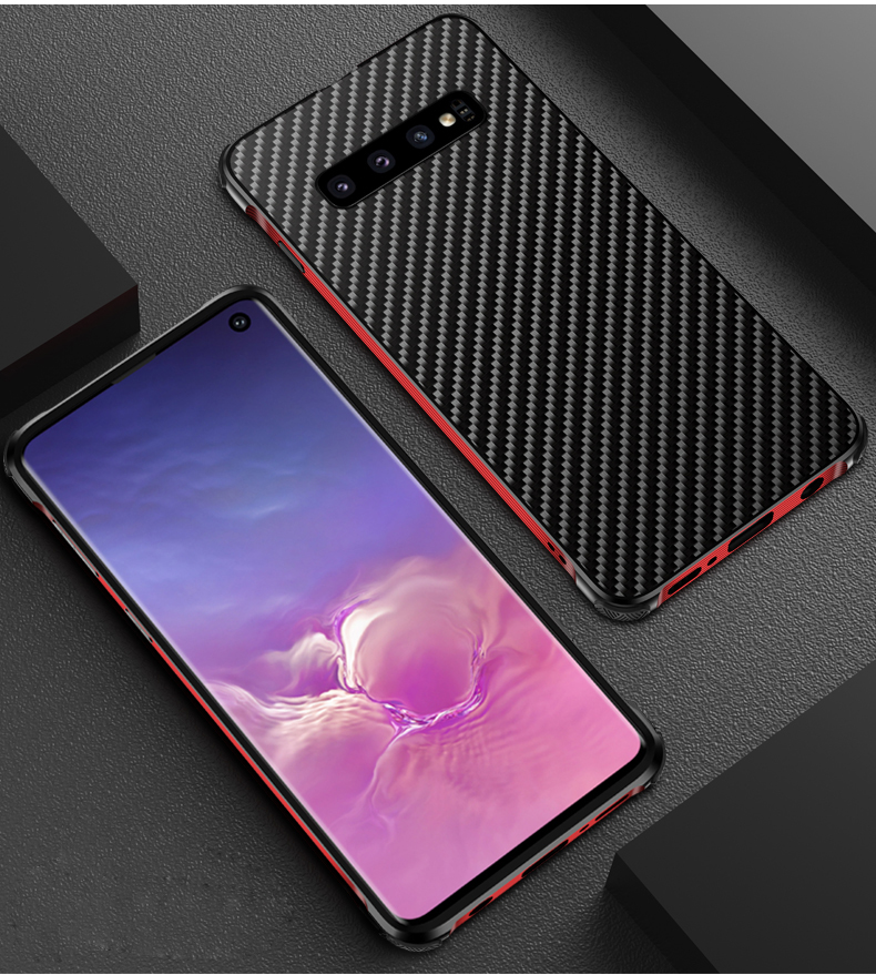 เคส Samsung Galaxy S10+ ขอบกันชนอลูมิเนียมอัลลอยด์ชุบ + #เคสฝาหลังพลาสติกลายคาร์บอนไฟเบอร์ Electroplated Aluminum Alloy Bumper + Carbon Fiber PC Back Panel Slide-on