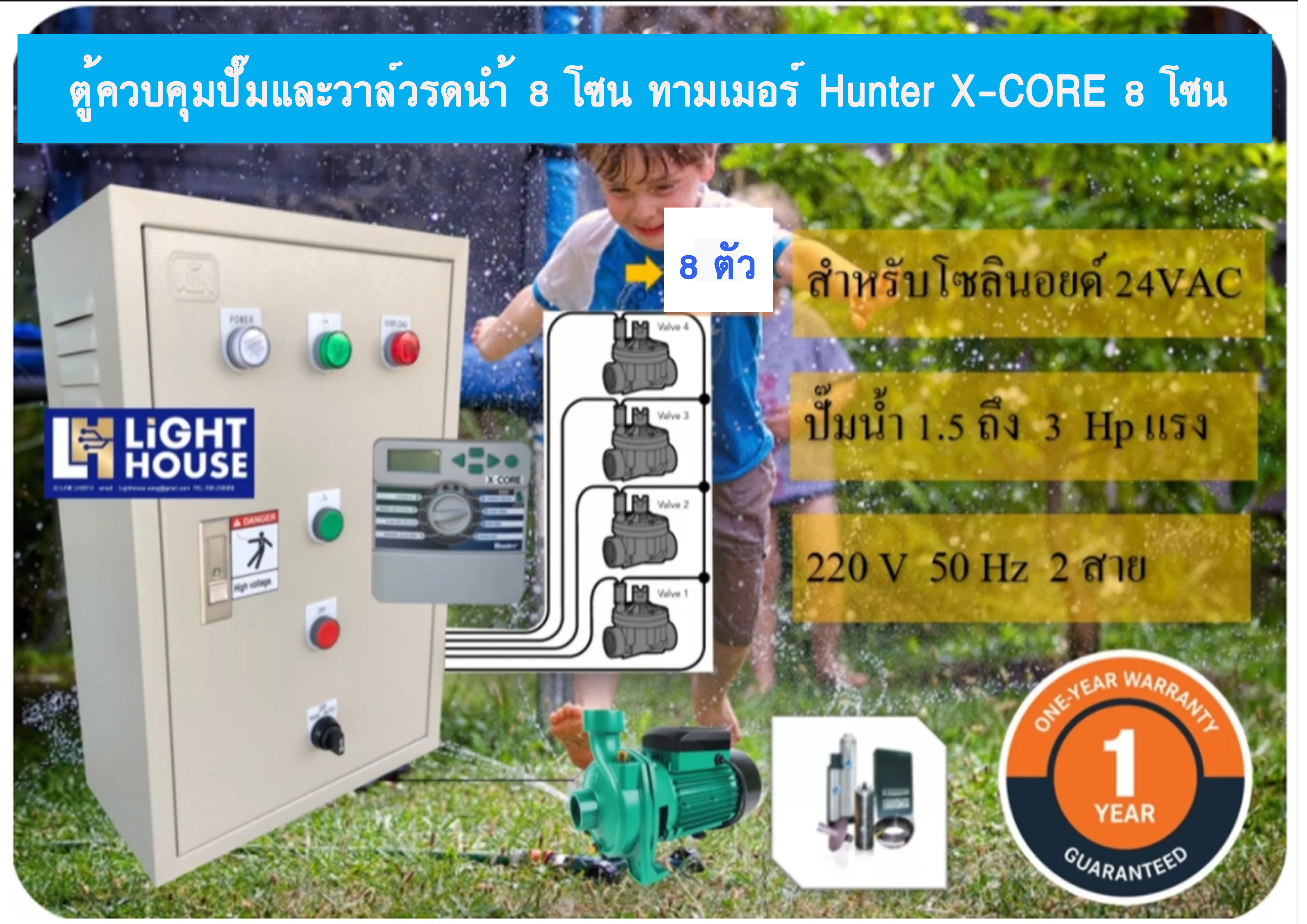 ตู้ควบคุมปั๊มและวาล์วรดน้ำต้นไม้ 8 โซน ทามเมอร์ Hunter X-CORE 8 โซน 8 สถานี 1 ถึง 3 แรง 220V 2 สาย
