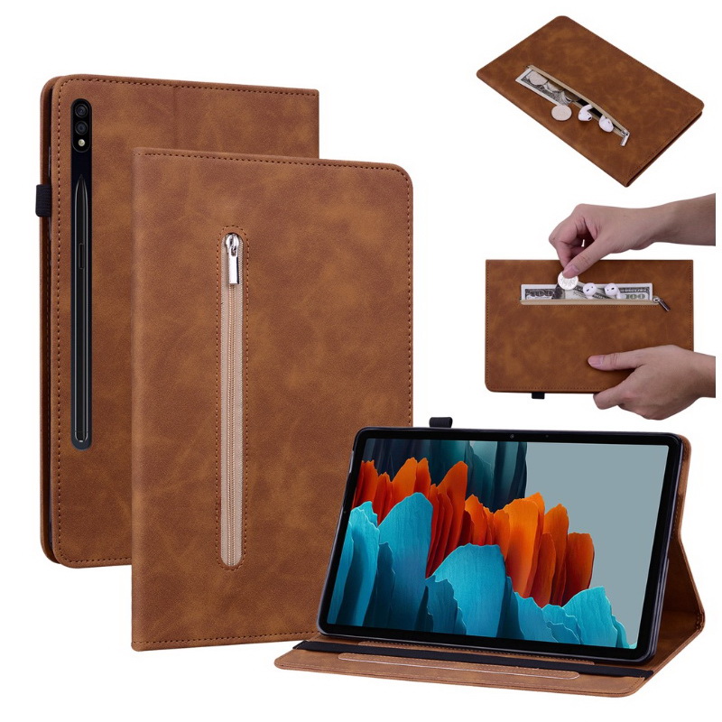 เคส Samsung Galaxy Tab S7 FE 12.4"(T730,T736) #เคสฝาพับหนัง PU ปกด้านหน้ามีช่องซิบ ด้านในช่องใส่บัตร Leather Tablet Stand Cover with Card Holder