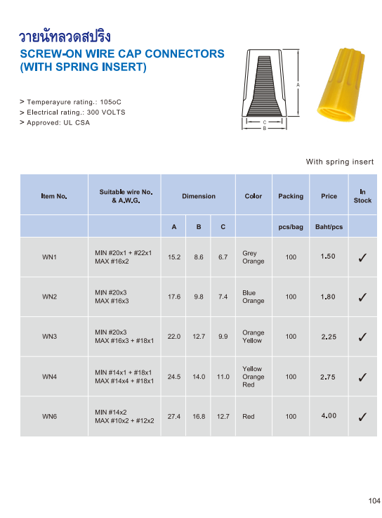 WN วายนัทลวดสปริง,screw-on wire cap connectors with spring insert สำเนา