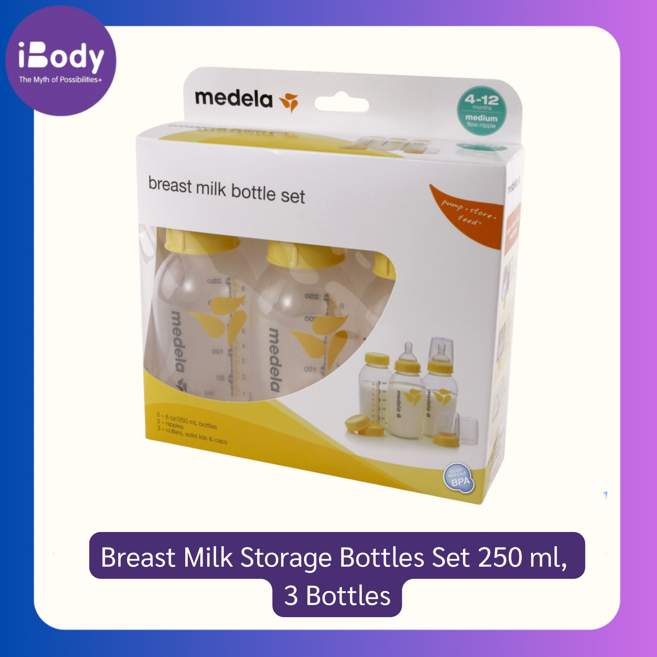 ชุดขวดเก็บน้ำนมแม่ Breast Milk Storage Bottles Set 250 ml, 3 Bottles (Medela®) ขวดนม พร้อมฝาครอบและจุก แพ็ค 3 ขวด