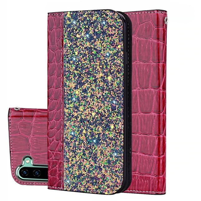 Case Samsung Galaxy Note 10 #เคสฝาพับหนัง PU ลายหนังจระเข้ Crocquile Texture Glittery Sequins Splicing มีช่องใส่การ์ด